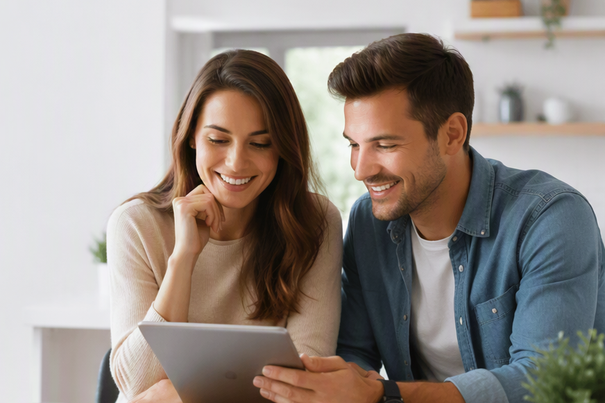 Person informiert sich gemeinsam mit einer weiteren Person auf einem Tablet über Energiethemen.