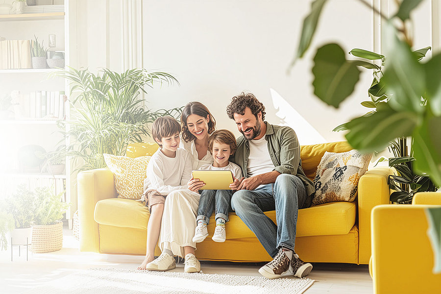 Ein Mann, eine Frau und zwei Kinder sitzen auf einer Couch und schauen auf ein Tablet.