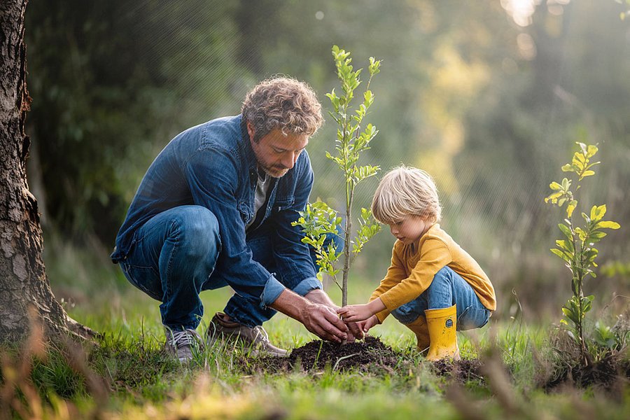 Ein Mann und ein Kind pflanzen einen Baum.