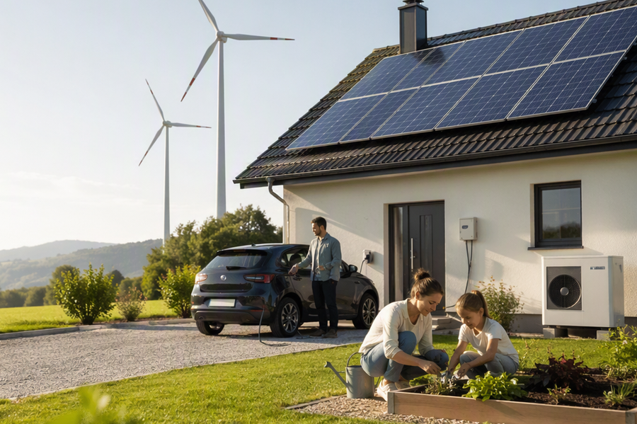 Einfamilienhaus mit Photovoltaikanlage und Elektroauto vor dem Haus.
